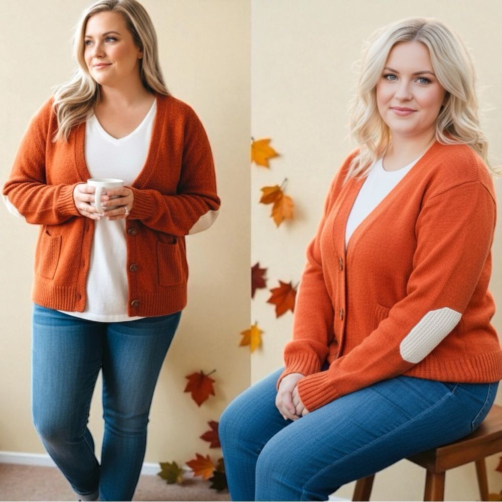 Orange/Red Long Sleeve V Neck Button Down Cardigan 2XL/3XL NWT - Heimish - Picture 4 of 15